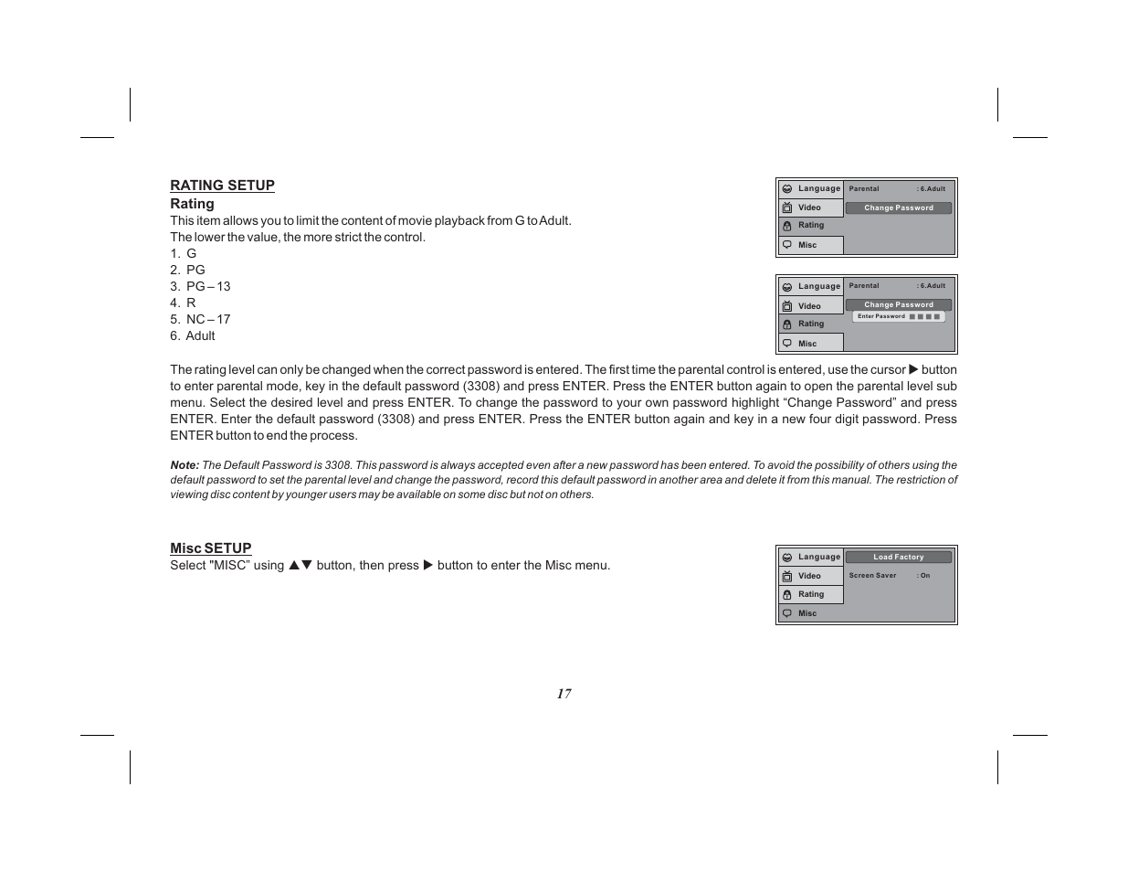 17 rating setup misc setup rating | Advent VIDEO MOBILE ADV38 User Manual | Page 21 / 32