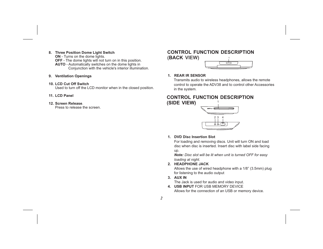 Control function description back ( view), Control function description (side view) | Advent VIDEO MOBILE ADV38 User Manual | Page 6 / 32