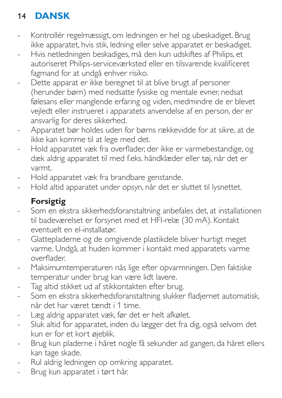 Forsigtig | Philips SalonStraight Sonic Haarglätter User Manual | Page 14 / 108