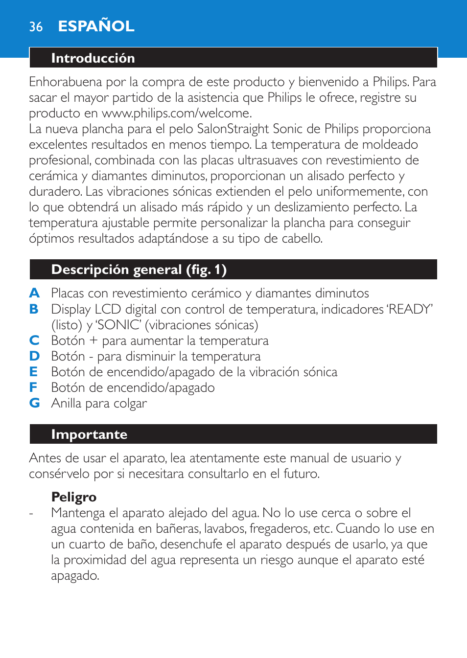 Peligro, Español, Introducción | Descripción general (fig. 1), Importante | Philips SalonStraight Sonic Haarglätter User Manual | Page 36 / 108