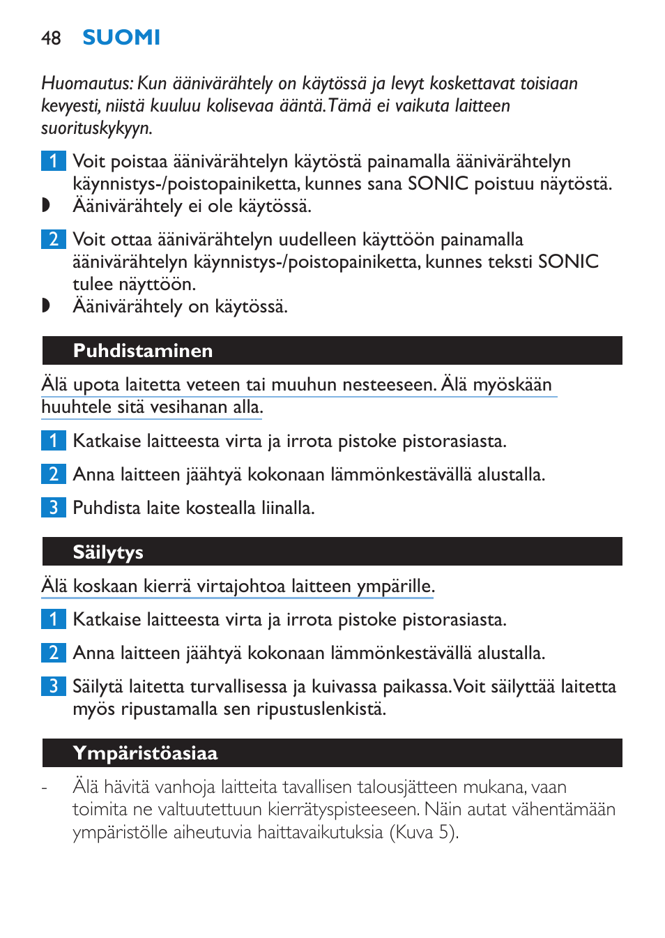 Puhdistaminen, Säilytys, Ympäristöasiaa | Philips SalonStraight Sonic Haarglätter User Manual | Page 48 / 108