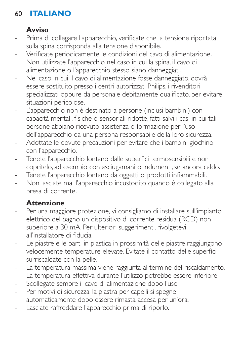 Avviso, Attenzione | Philips SalonStraight Sonic Haarglätter User Manual | Page 60 / 108