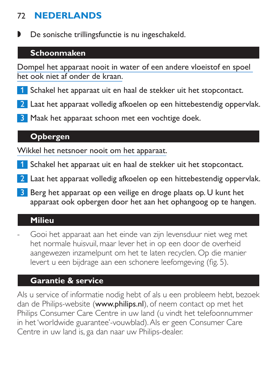 Schoonmaken, Opbergen, Milieu | Garantie & service | Philips SalonStraight Sonic Haarglätter User Manual | Page 72 / 108