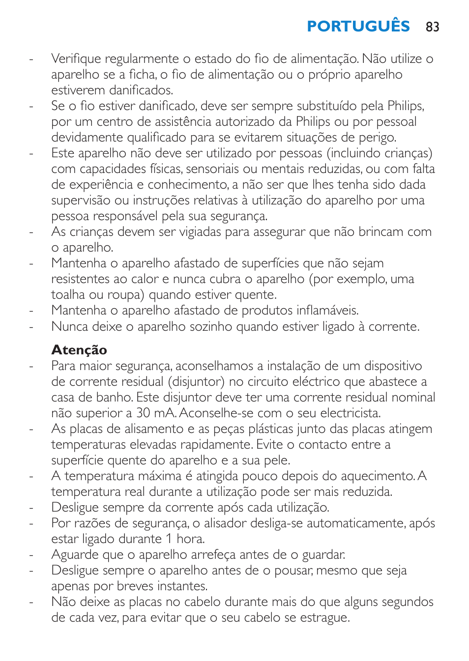 Atenção | Philips SalonStraight Sonic Haarglätter User Manual | Page 83 / 108