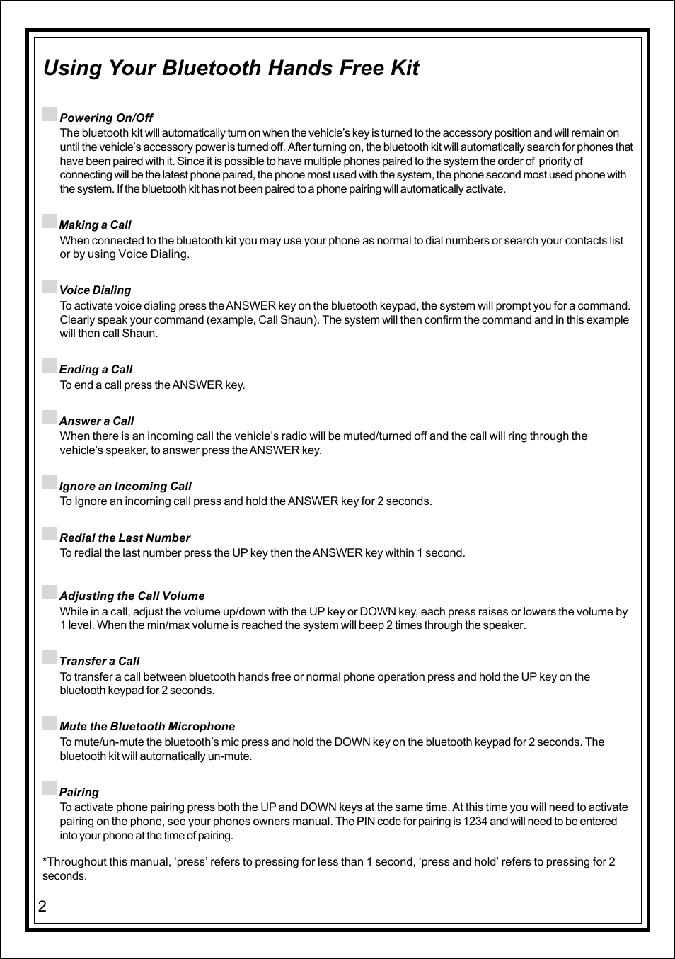 Using your bluetooth hands free kit | Advent TOYBTSW3 User Manual | Page 2 / 8