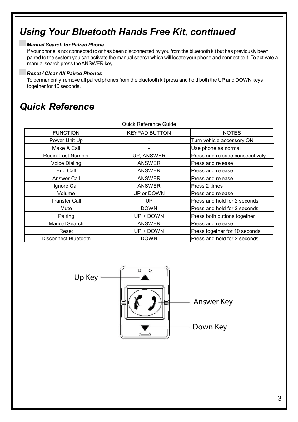 Using your bluetooth hands free kit, continued, Quick reference, Answer key up key down key | Advent TOYBTSW3 User Manual | Page 3 / 8