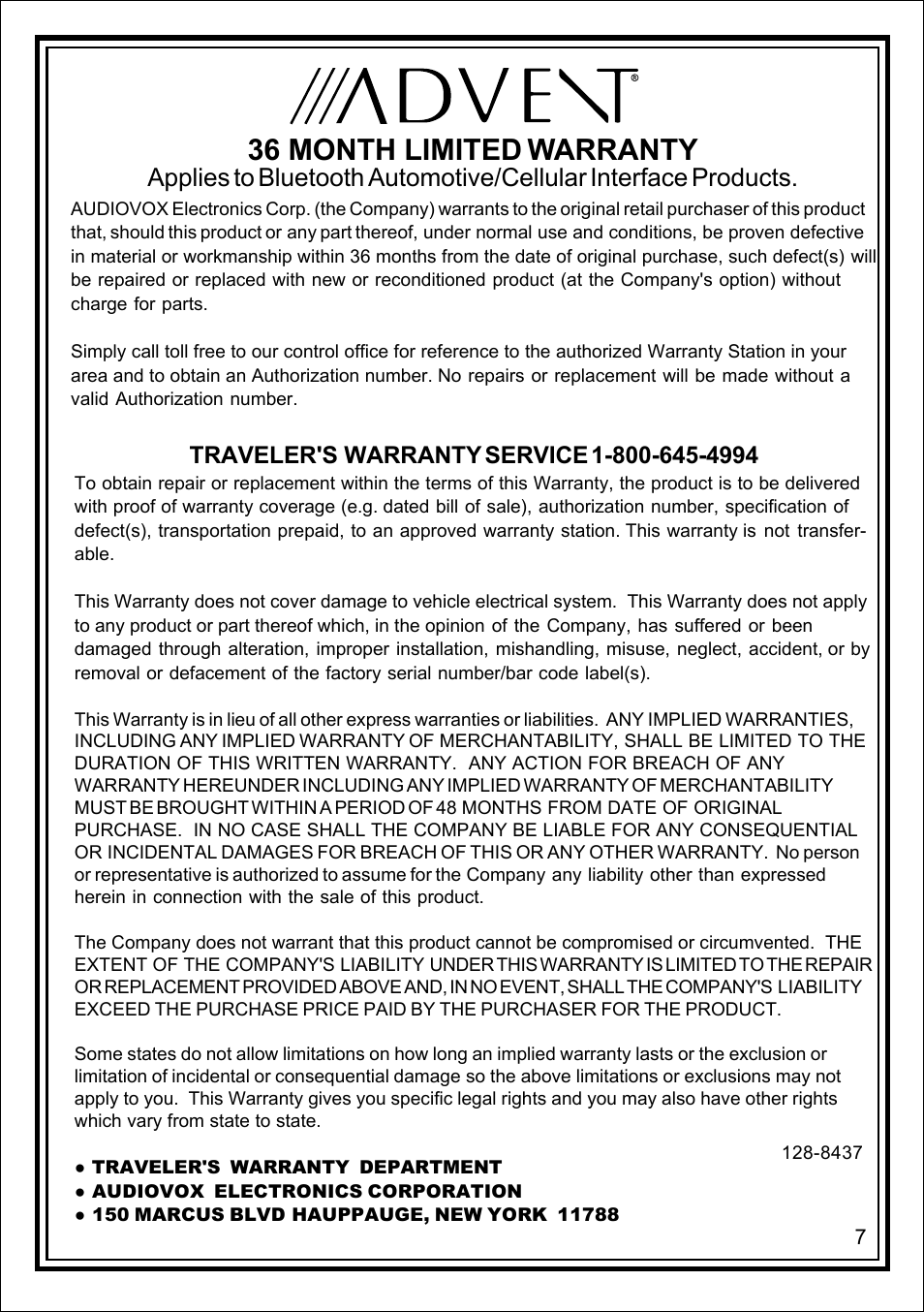 36 month limited warranty | Advent TOYBTSW3 User Manual | Page 7 / 8