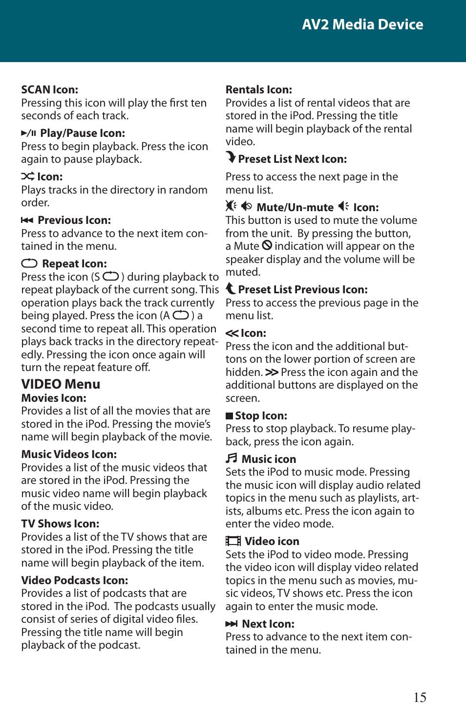Av2 media device, Video menu | Advent TOCMR-OE100 User Manual | Page 15 / 24