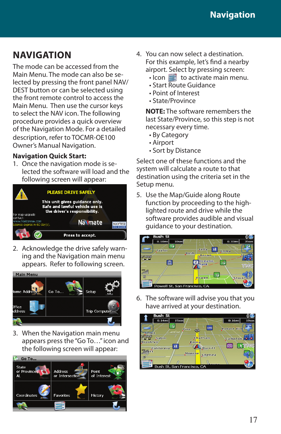 Navigation | Advent TOCMR-OE100 User Manual | Page 17 / 24