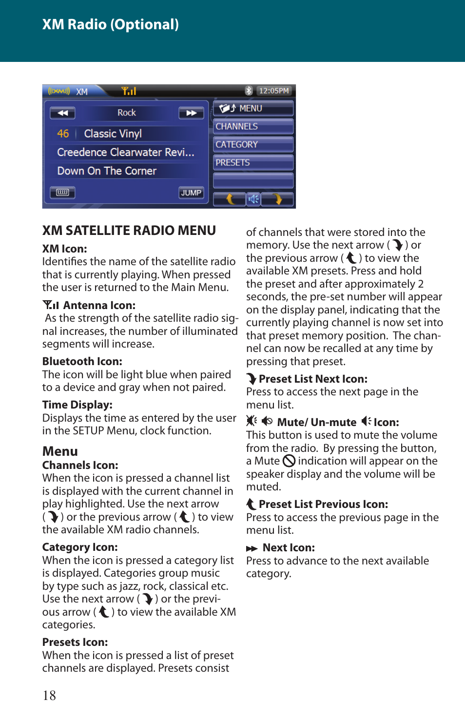 Xm radio (optional), 18 xm satellite radio menu, Menu | Advent TOCMR-OE100 User Manual | Page 18 / 24
