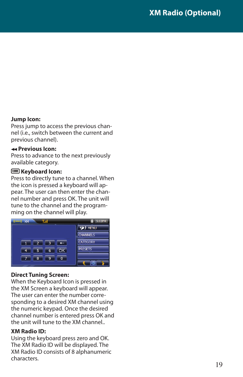 Xm radio (optional) | Advent TOCMR-OE100 User Manual | Page 19 / 24