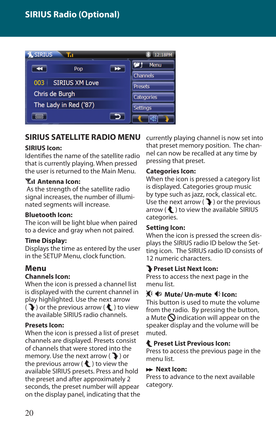 Sirius radio (optional), 20 sirius satellite radio menu, Menu | Advent TOCMR-OE100 User Manual | Page 20 / 24