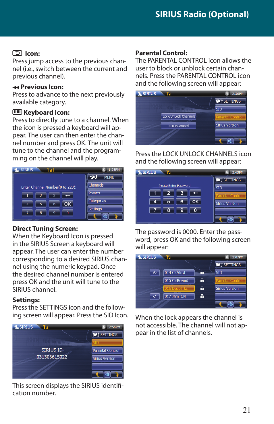 Sirius radio (optional) | Advent TOCMR-OE100 User Manual | Page 21 / 24