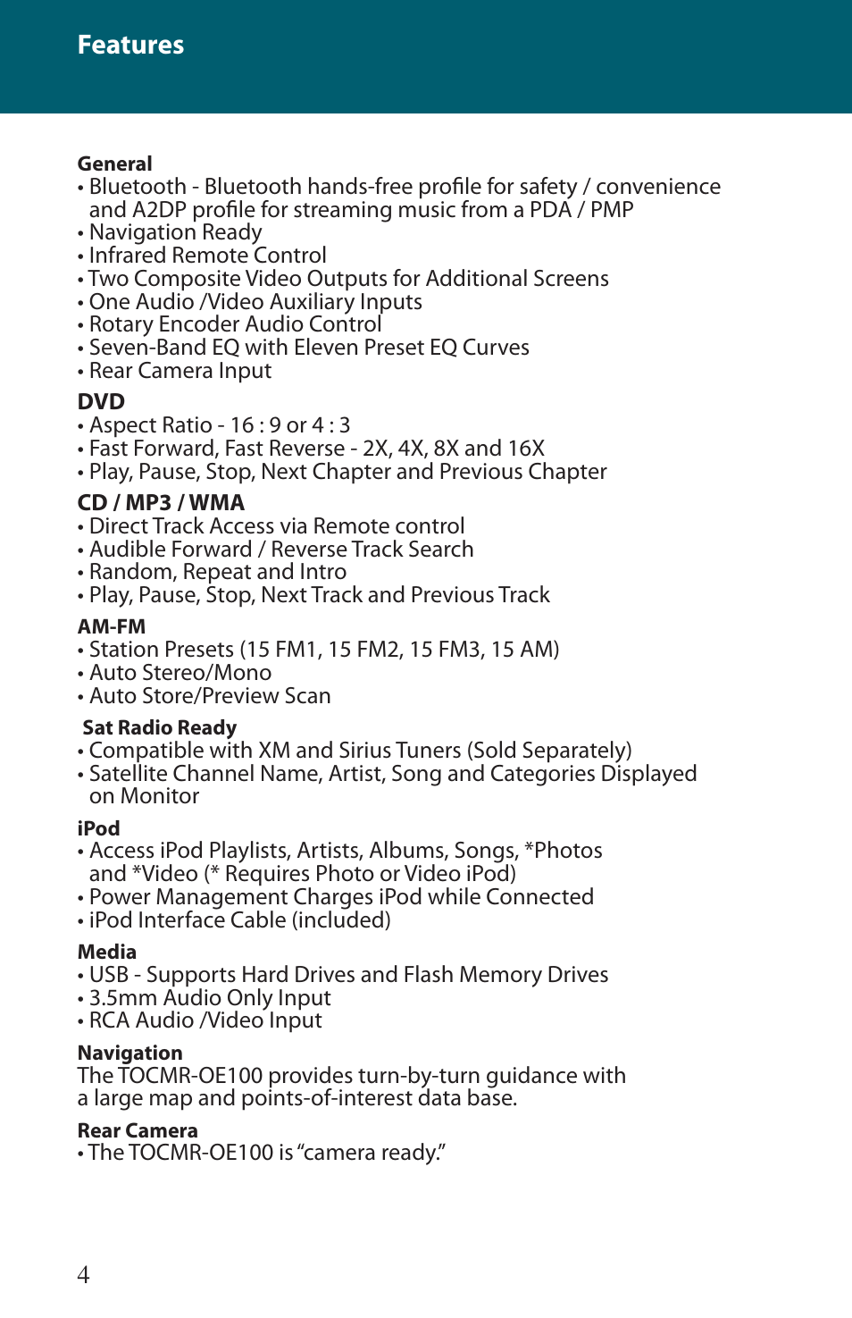 Features | Advent TOCMR-OE100 User Manual | Page 4 / 24