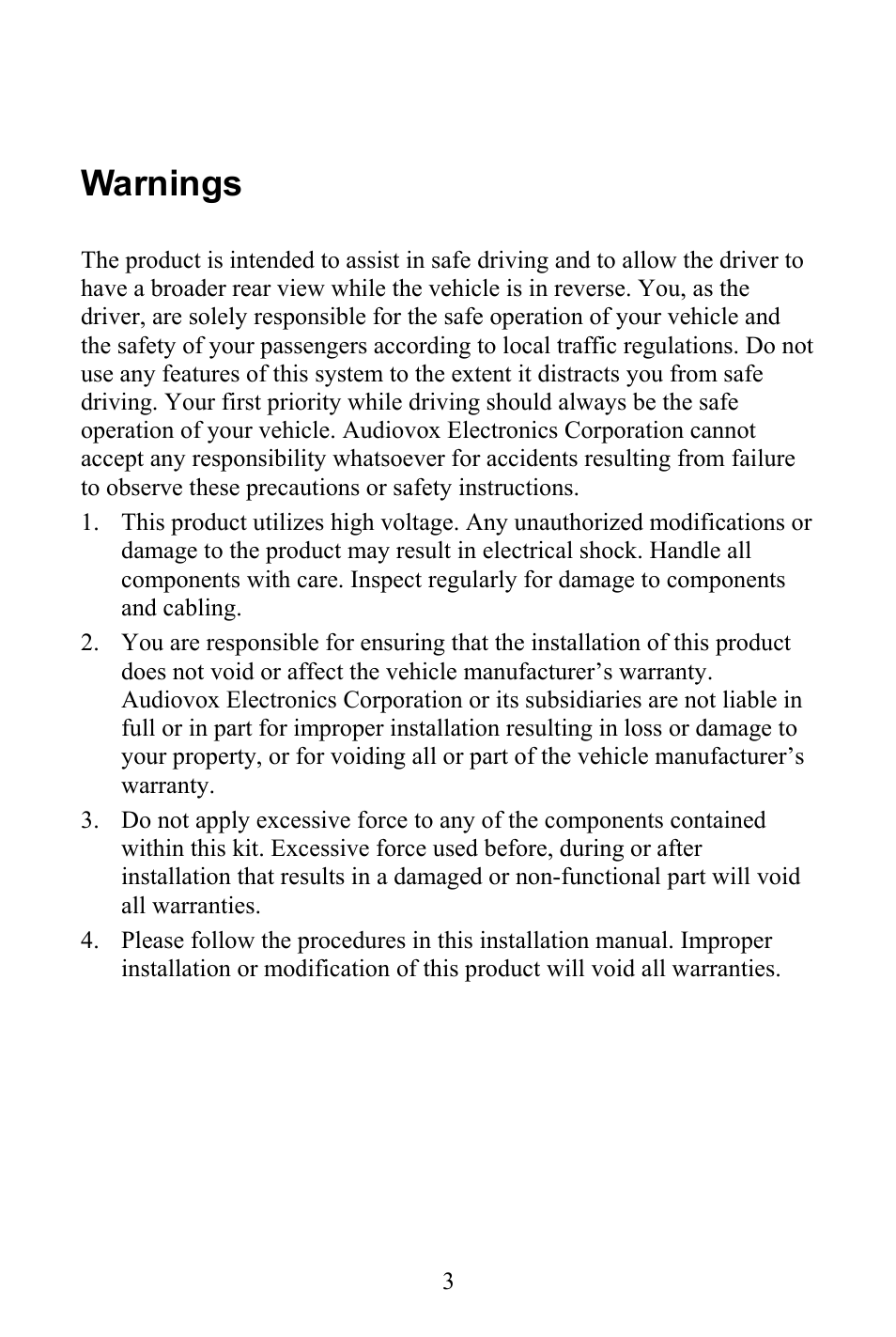 Warnings | Advent CAM325 User Manual | Page 3 / 11