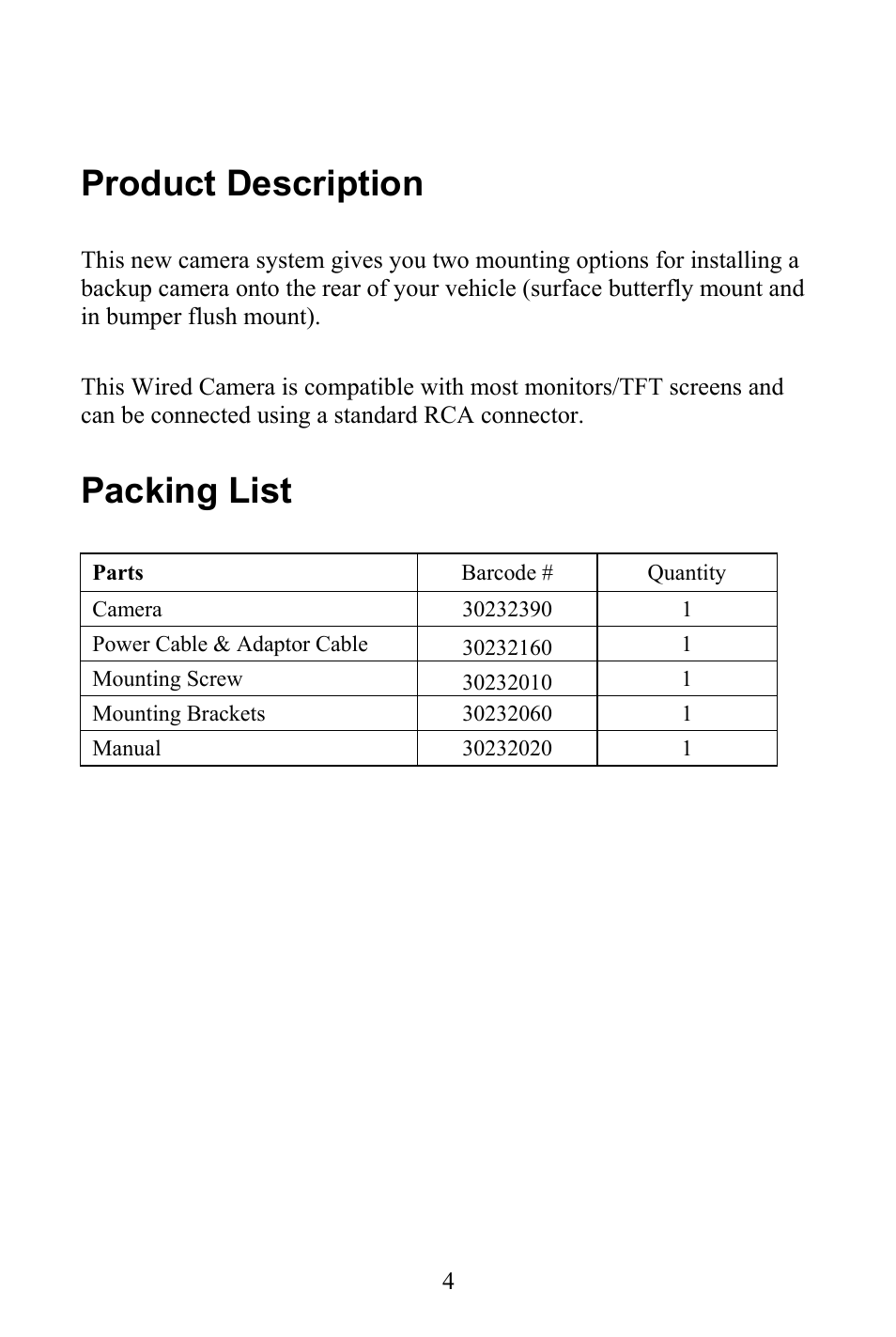 Product description, Packing list | Advent CAM325 User Manual | Page 4 / 11