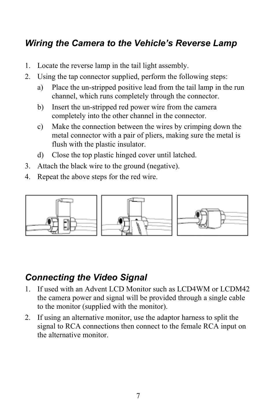 Wiring the camera to the vehicle’s reverse lamp, Connecting the video signal | Advent CAM325 User Manual | Page 7 / 11