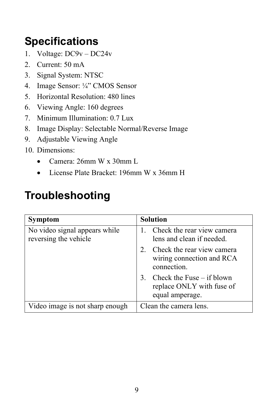 Specifications, Troubleshooting | Advent CAM325 User Manual | Page 9 / 11