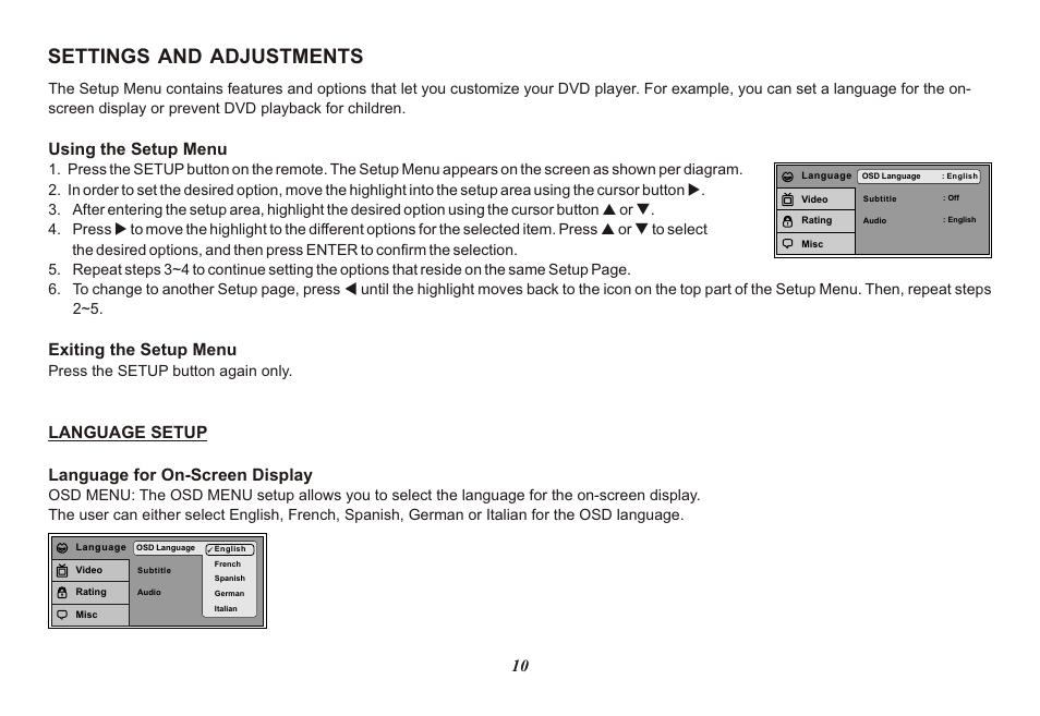 Settings and adjustments, Using the setup menu, Exiting the setup menu | Language setup language for on-screen display, Press the setup button again only | Advent ADV850S/P User Manual | Page 10 / 24