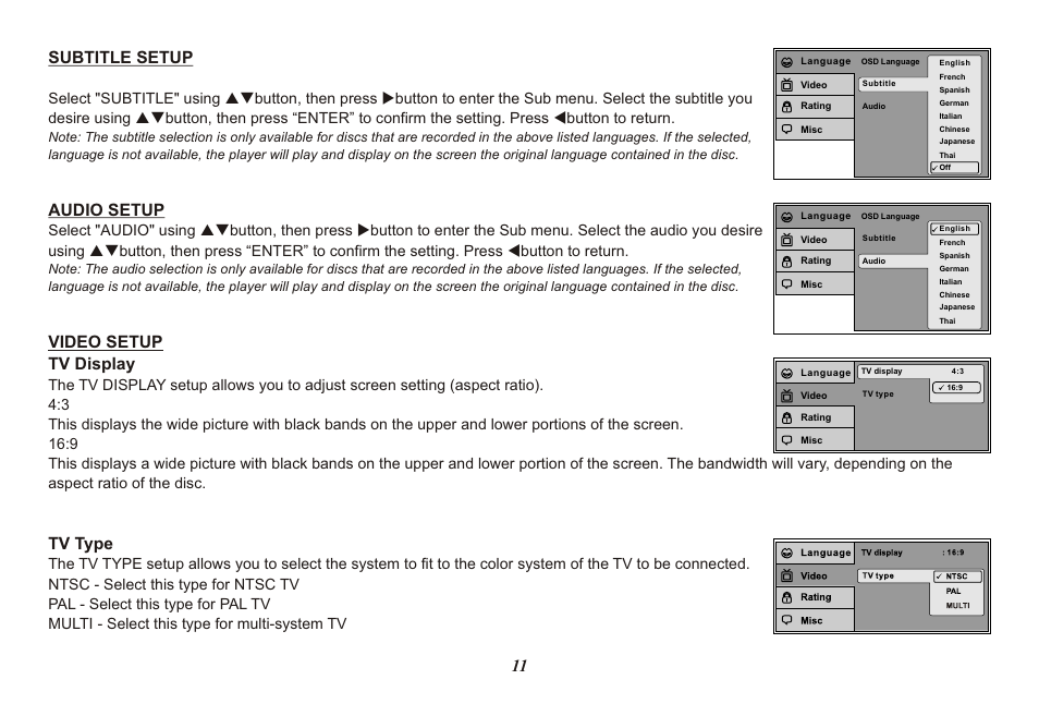 11 subtitle setup, Audio setup, Video setup tv display | Tv type | Advent ADV850S/P User Manual | Page 11 / 24