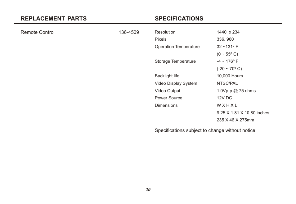 Replacement parts specifications | Advent ADV850S/P User Manual | Page 20 / 24