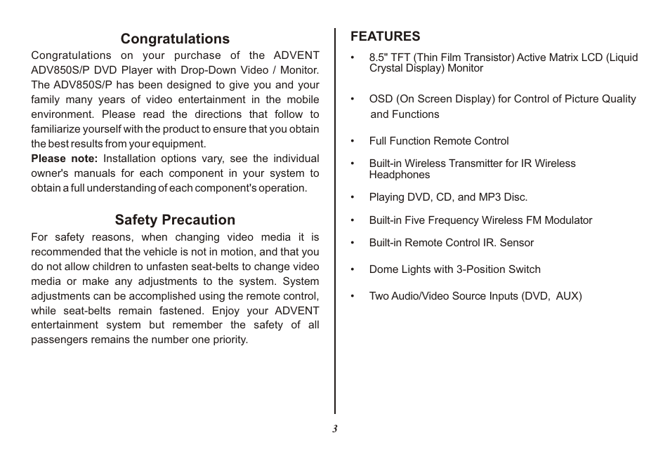 Safety precaution | Advent ADV850S/P User Manual | Page 3 / 24