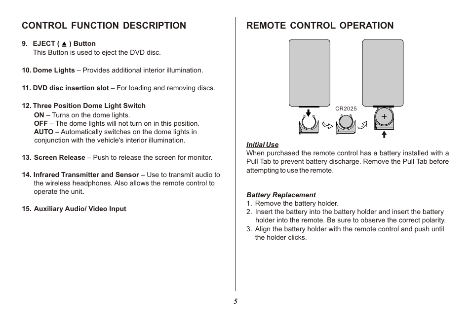Control function description, Remote control operation | Advent ADV850S/P User Manual | Page 5 / 24