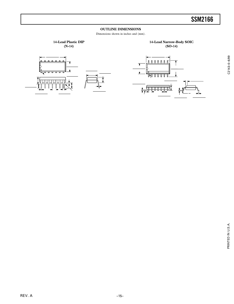 Ssm2166, Rev. a –15– outline dimensions, Lead plastic dip (n-14) | Lead narrow-body soic (so-14) | Analog Devices SSM2166 User Manual | Page 15 / 15