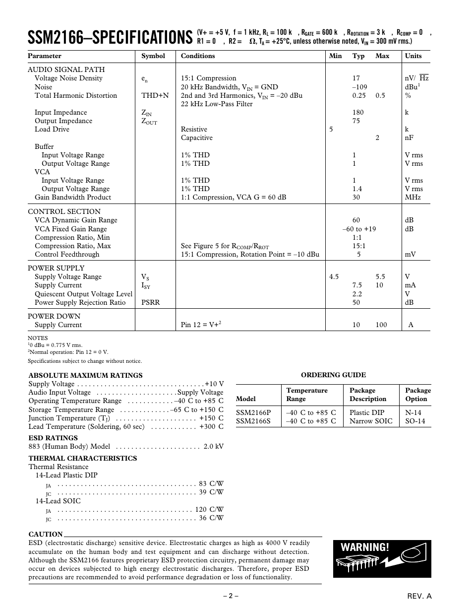 Ssm2166–specifications, Warning | Analog Devices SSM2166 User Manual | Page 2 / 15