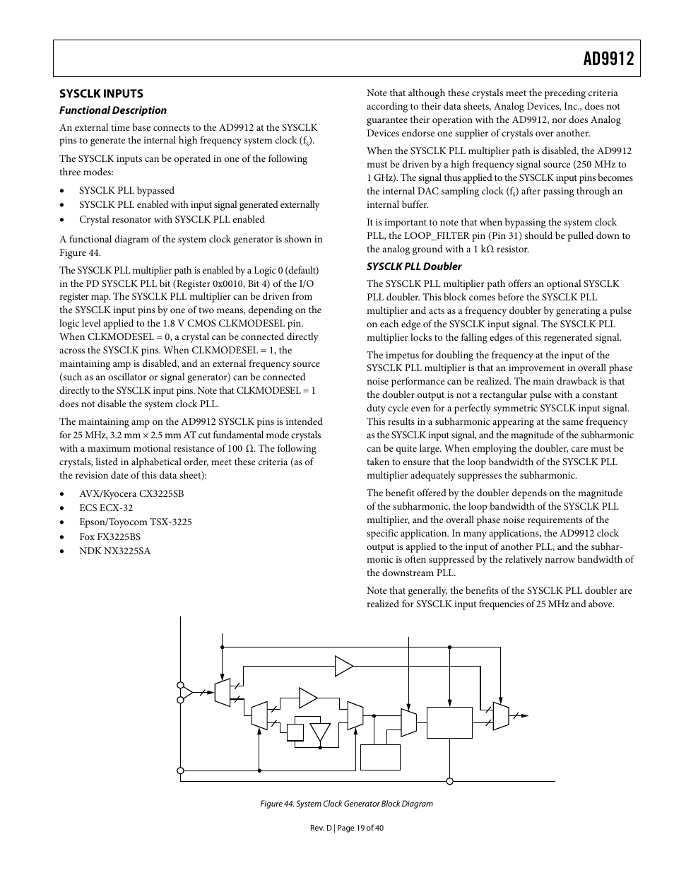 Sysclk inputs, Functional description, Sysclk pll doubler | Ad9912 | Analog Devices AD9912 User Manual | Page 19 / 40