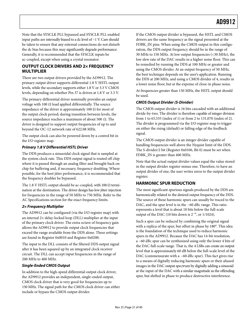 Output clock drivers and 2× frequency multiplier, Primary 1.8 v differential hstl driver, 2× frequency multiplier | Single-ended cmos output, Cmos output divider (s-divider), Harmonic spur reduction, D primary 1.8 v differential hstl driver, D primary 1.8 v differential hstl driver s, He output clock drivers, And 2× frequency multiplier s | Analog Devices AD9912 User Manual | Page 21 / 40