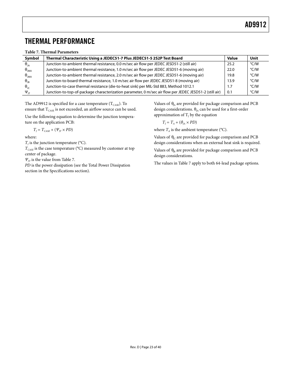 Thermal performance, Ad9912 | Analog Devices AD9912 User Manual | Page 23 / 40