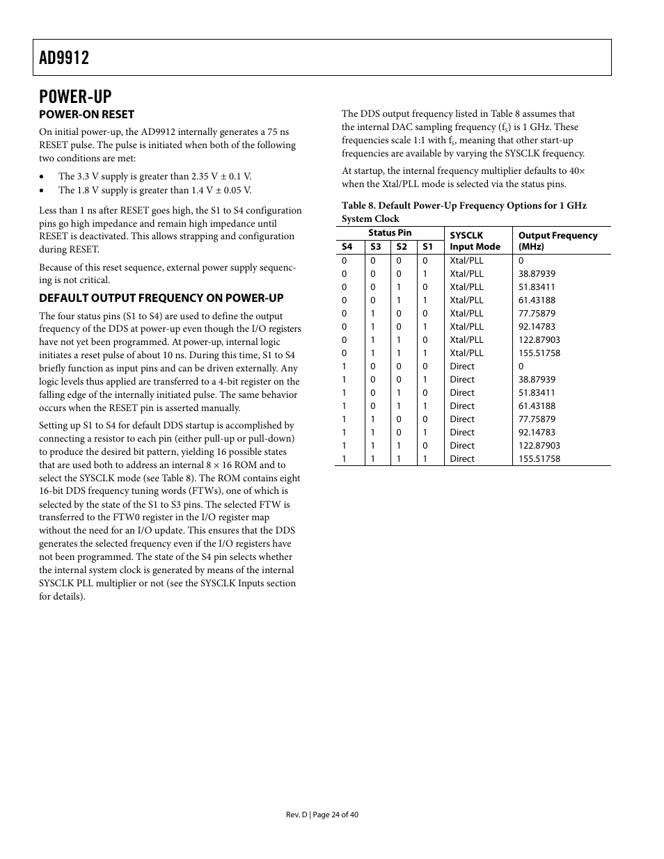 Power-up, Power-on reset, Default output frequency on power-up | Ad9912 | Analog Devices AD9912 User Manual | Page 24 / 40