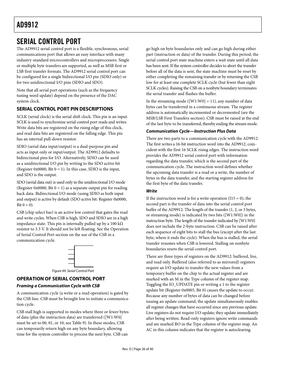 Serial control port, Serial control port pin descriptions, Operation of serial control port | Framing a communication cycle with csb, Communication cycle—instruction plus data, Write, E write s, Ad9912 | Analog Devices AD9912 User Manual | Page 26 / 40