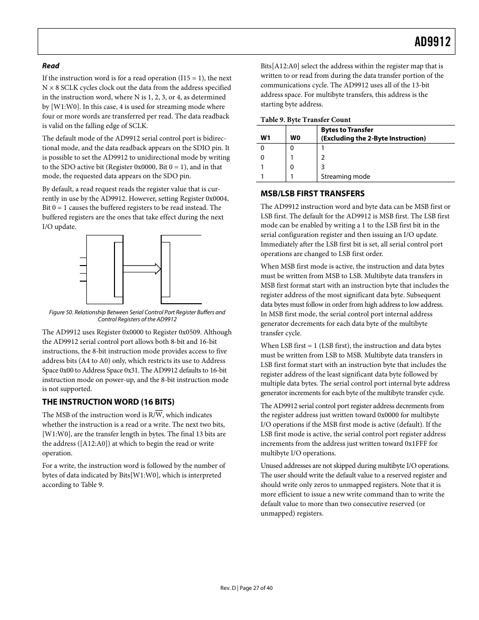 Read, The instruction word (16 bits), Msb/lsb first transfers | Ad9912 | Analog Devices AD9912 User Manual | Page 27 / 40