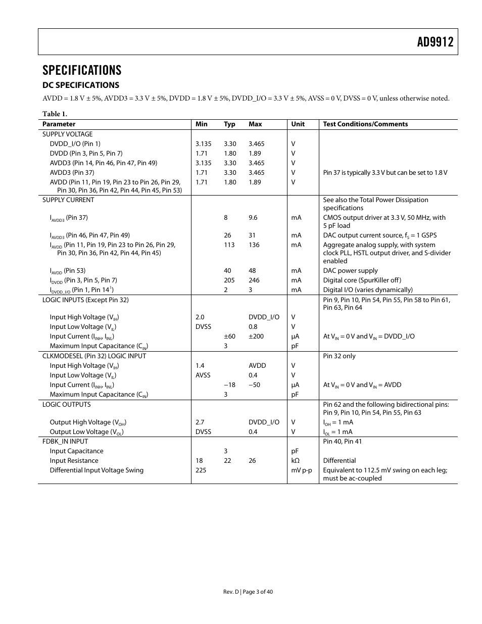 Specifications, Dc specifications, Ad9912 | Analog Devices AD9912 User Manual | Page 3 / 40