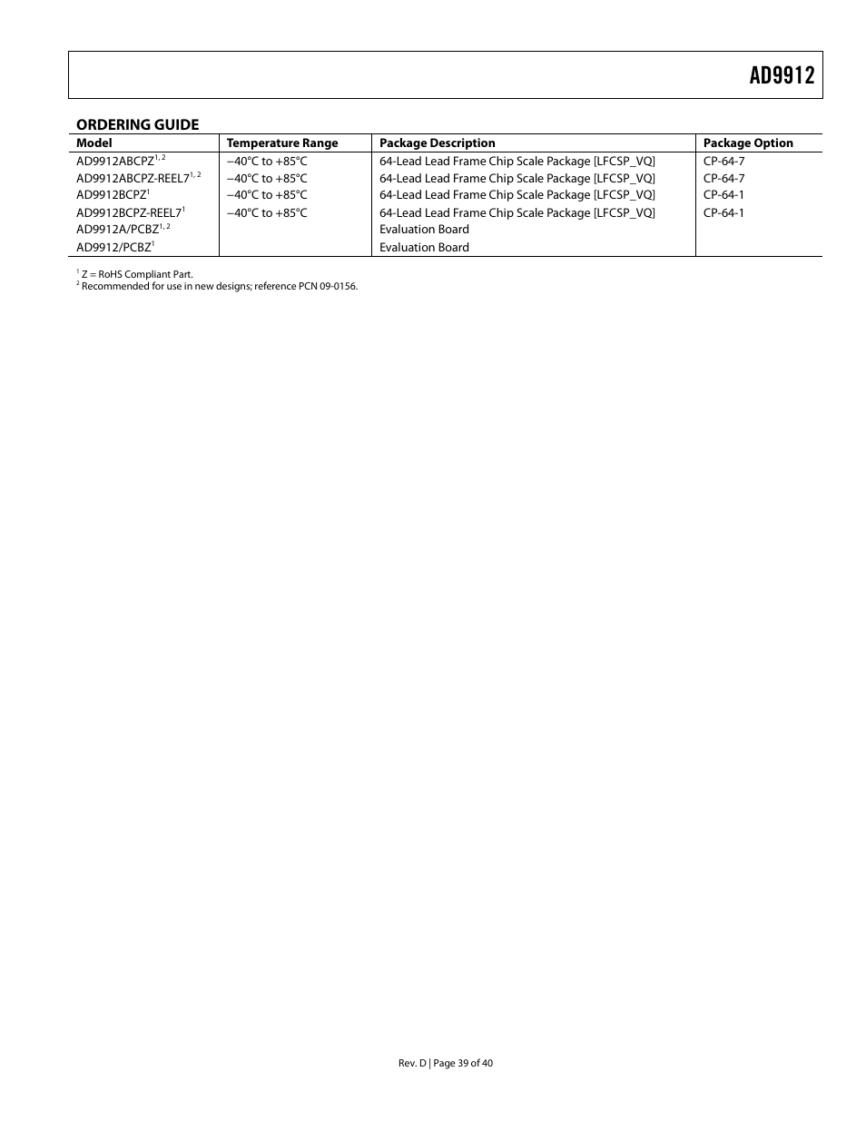 Ordering guide, Ad9912 | Analog Devices AD9912 User Manual | Page 39 / 40