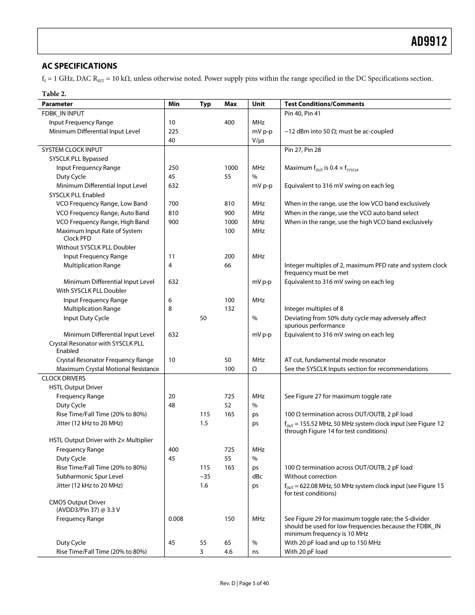 Ac specifications, Ad9912 | Analog Devices AD9912 User Manual | Page 5 / 40