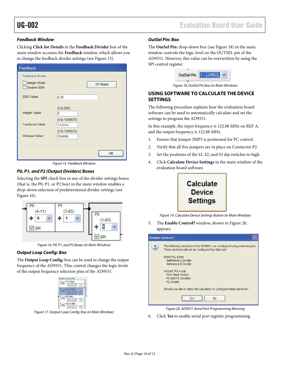 Feedback window, P0, p1, and p2 (output dividers) boxes, Output loop config: box | Outsel pin: box, Using software to calculate the device settings, Ug-002 evaluation board user guide | Analog Devices UG-002 User Manual | Page 10 / 12