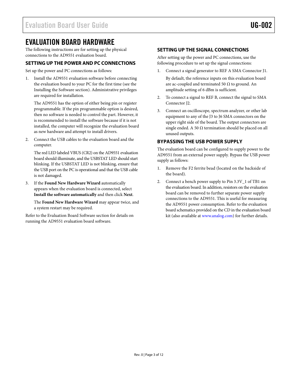 Evaluation board hardware, Setting up the power and pc connections, Setting up the signal connections | Bypassing the usb power supply, Evaluation board user guide ug-002 | Analog Devices UG-002 User Manual | Page 3 / 12