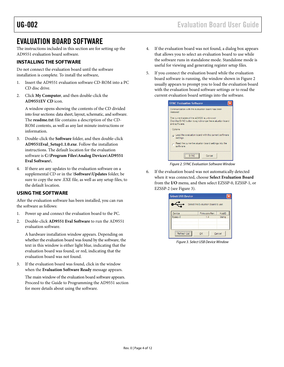 Evaluation board software, Installing the software, Using the software | Ug-002 evaluation board user guide | Analog Devices UG-002 User Manual | Page 4 / 12