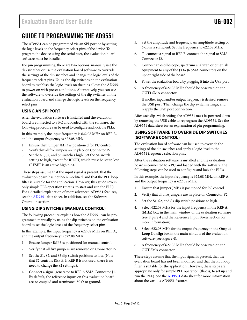 Guide to programming the ad9551, Using an spi port, Using dip switches (manual control) | Evaluation board user guide ug-002 | Analog Devices UG-002 User Manual | Page 5 / 12