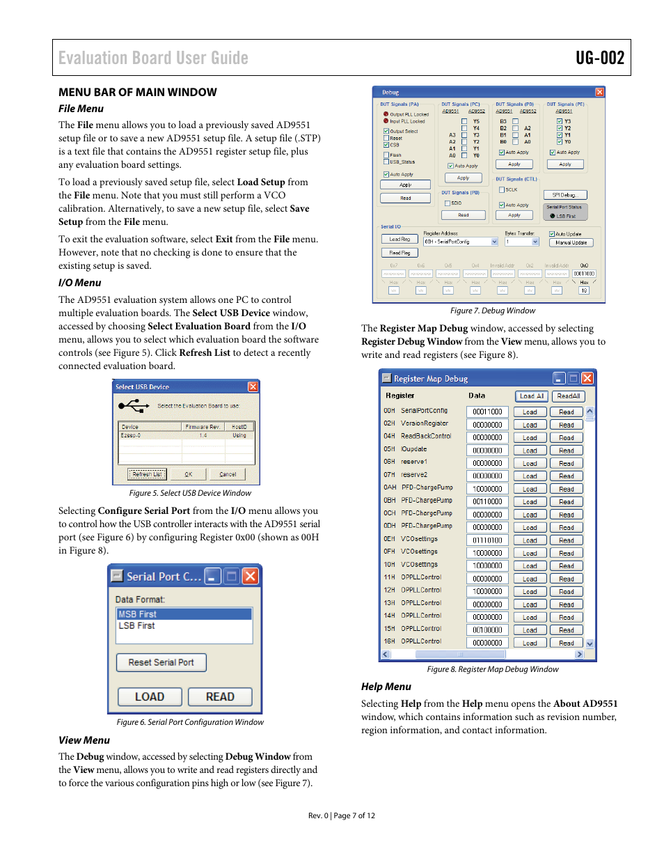 Menu bar of main window, File menu, I/o menu | View menu, Help menu, Evaluation board user guide ug-002 | Analog Devices UG-002 User Manual | Page 7 / 12