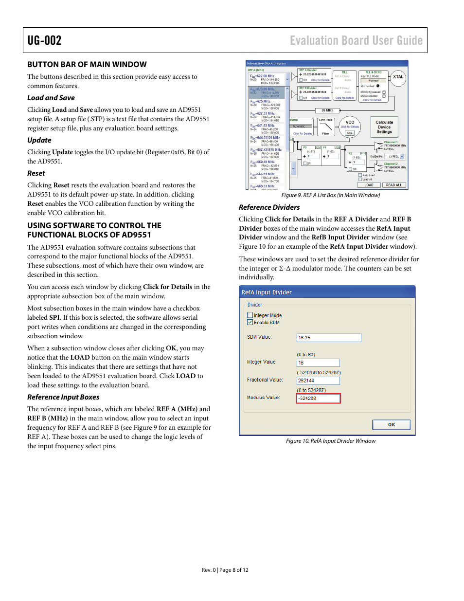 Button bar of main window, Load and save, Update | Reset, Reference input boxes, Reference dividers, E reference input boxes sec, Ug-002 evaluation board user guide | Analog Devices UG-002 User Manual | Page 8 / 12