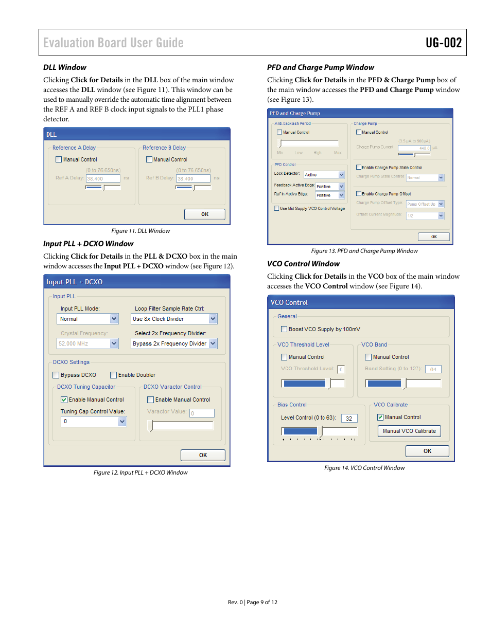 Dll window, Input pll + dcxo window, Pfd and charge pump window | Vco control window, Evaluation board user guide ug-002 | Analog Devices UG-002 User Manual | Page 9 / 12