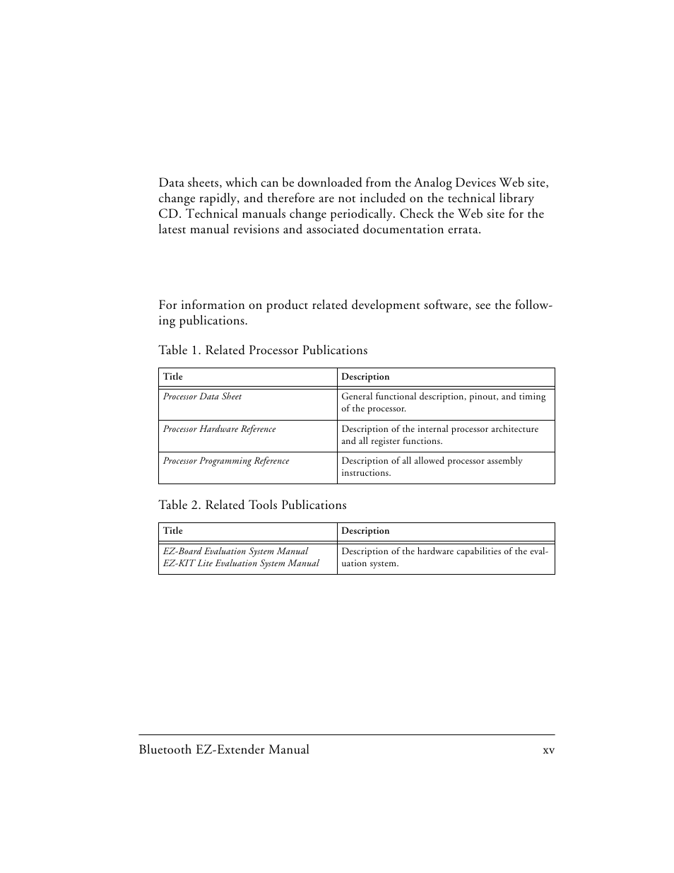 Related documents, Table 1. related processor publications, Table 2. related tools publications | Analog Devices EZ-EXTENDER 82-000218-01 User Manual | Page 15 / 42