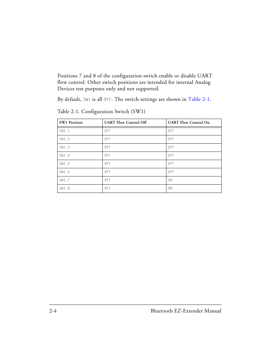 Table 2-1. configuration switch (sw1), Is all | Analog Devices EZ-EXTENDER 82-000218-01 User Manual | Page 26 / 42