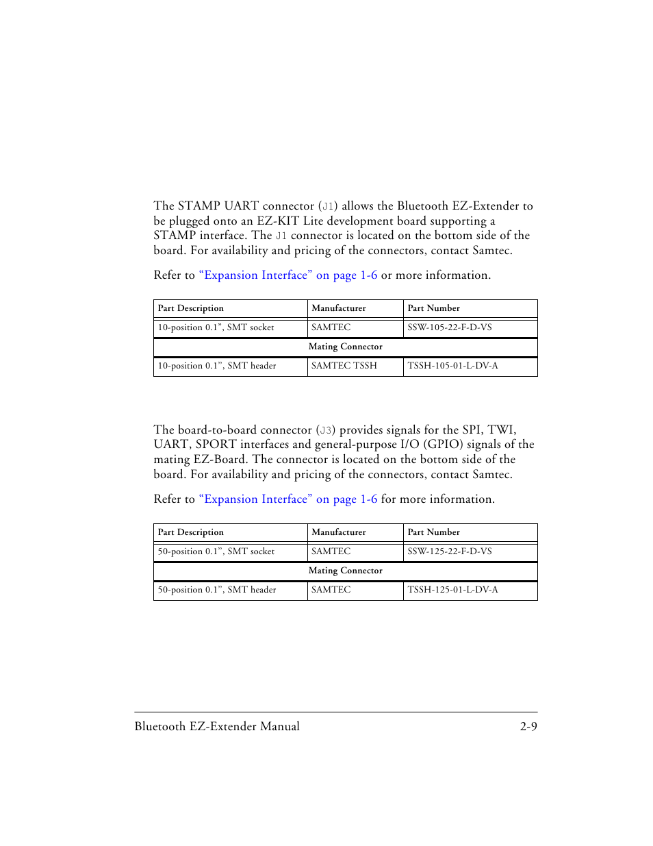 Stamp uart connector (j1), Expansion interface ii connector (j3), Stamp uart connector (j1) -9 | Expansion interface ii connector (j3) -9 | Analog Devices EZ-EXTENDER 82-000218-01 User Manual | Page 31 / 42