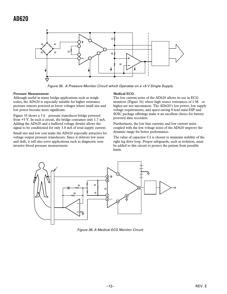 Ad620, Rev. e –12, Ad620a | Figure 36. a medical ecg monitor circuit | Analog Devices AD620 User Manual | Page 12 / 16