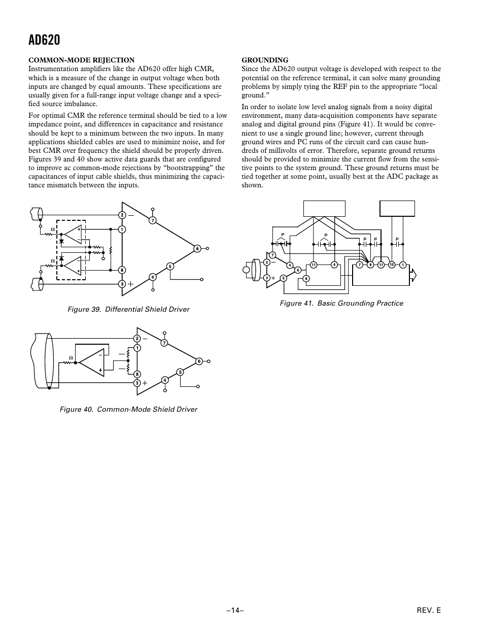 Ad620, Figure 39. differential shield driver, Figure 41. basic grounding practice | Analog Devices AD620 User Manual | Page 14 / 16